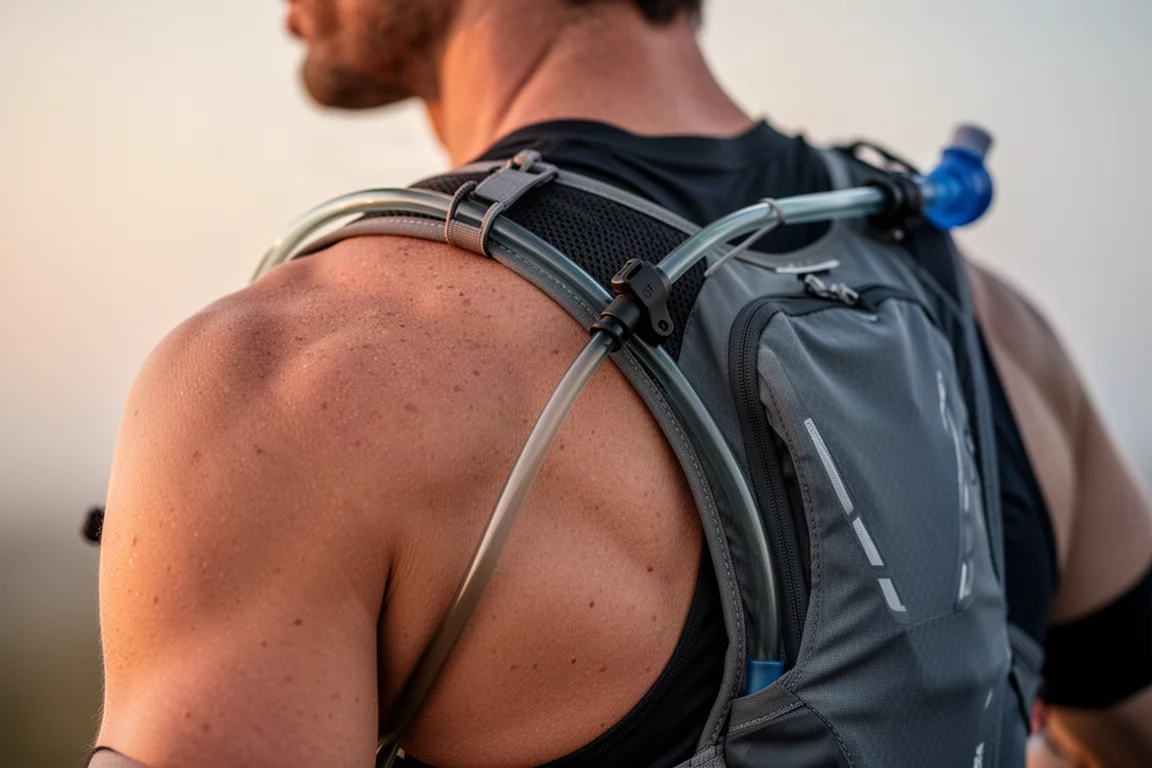 Runner che regola il tubo della sacca idrica instradato sopra la spalla di uno zaino da running
