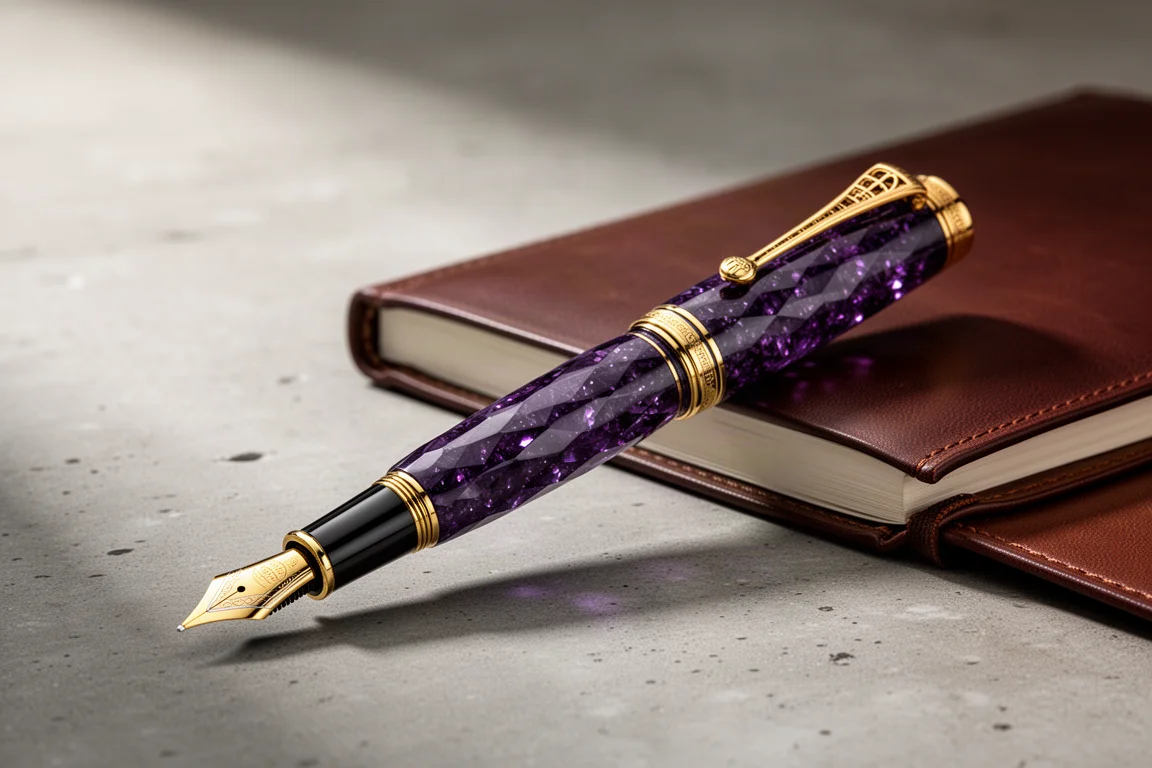 Füllhalter in tiefem Amethyst mit Goldbeschlägen auf einer Betonoberfläche neben einem Notizbuch