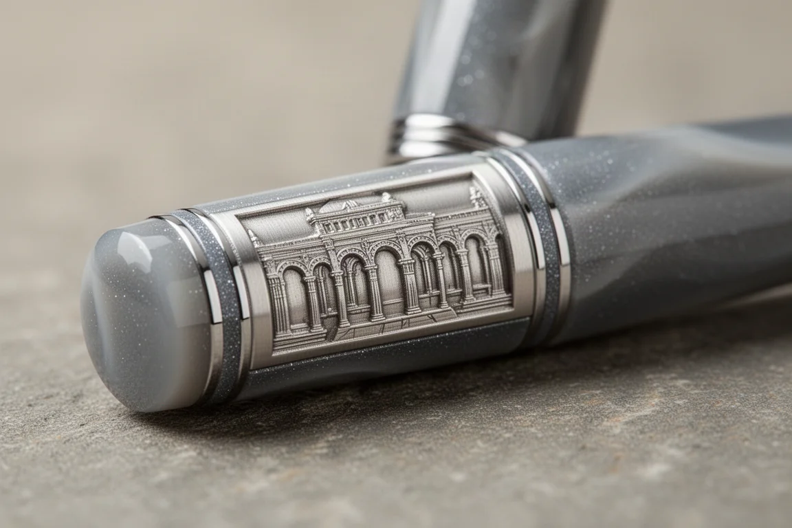 Anillo de la tapa de la estilográfica con diseño de patrón arquitectónico sobre resina gris