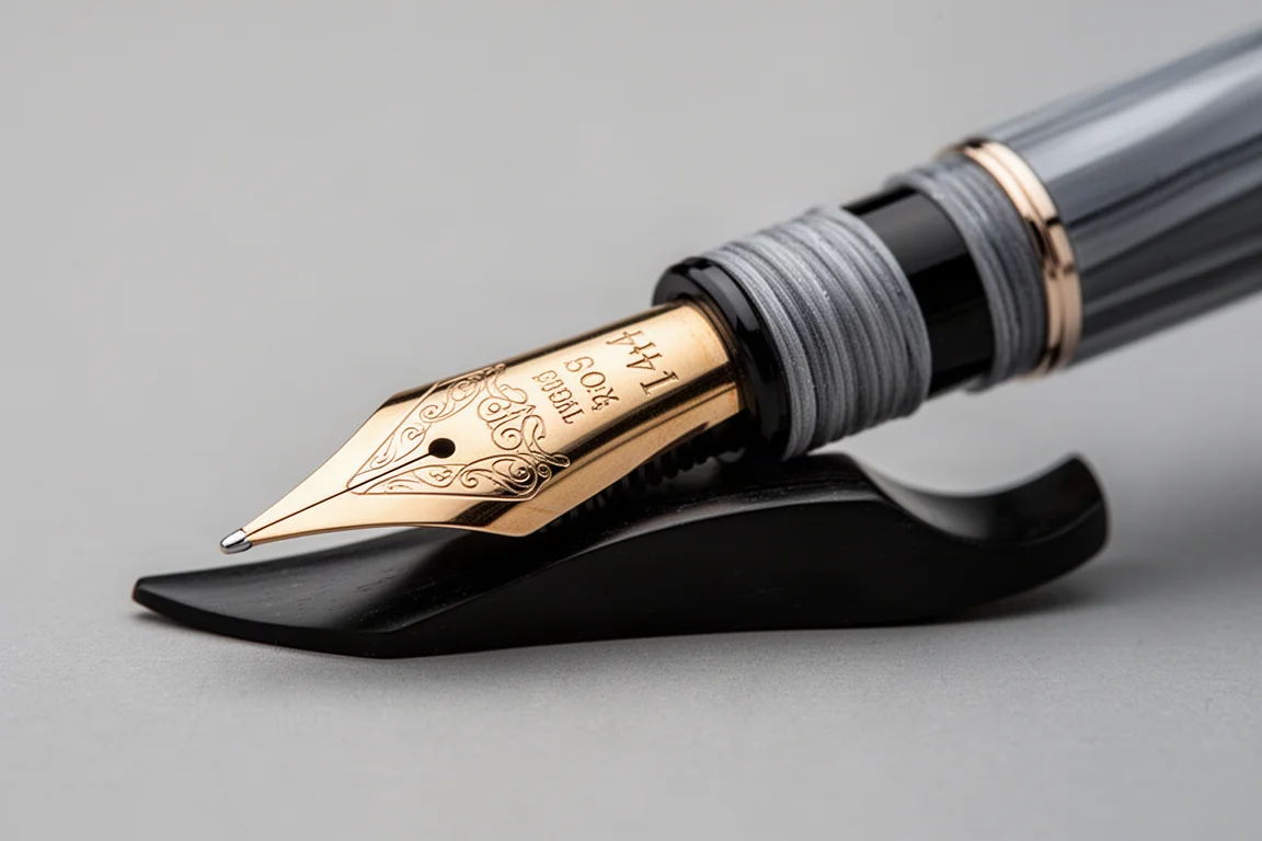 Pluma de oro de estilográfica y alimentador de ebonita en primer plano