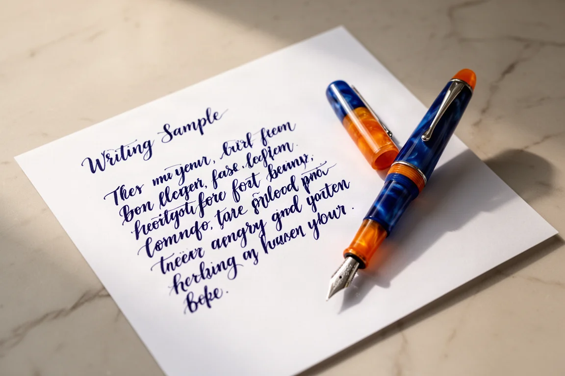 Schriftprobe mit dunkelblauer Tinte auf weißem Papier