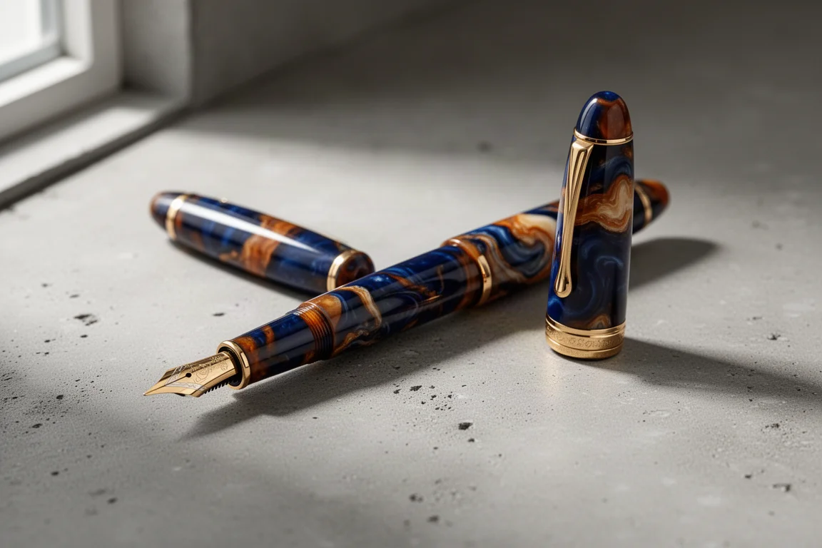 Blaues und orangefarbenes Zelluloid-Füllfederhalter mit Goldbeschlägen auf Betonoberfläche