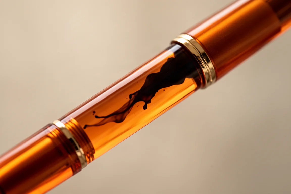 Translucent orange fountain pen barrel showing ink level inside