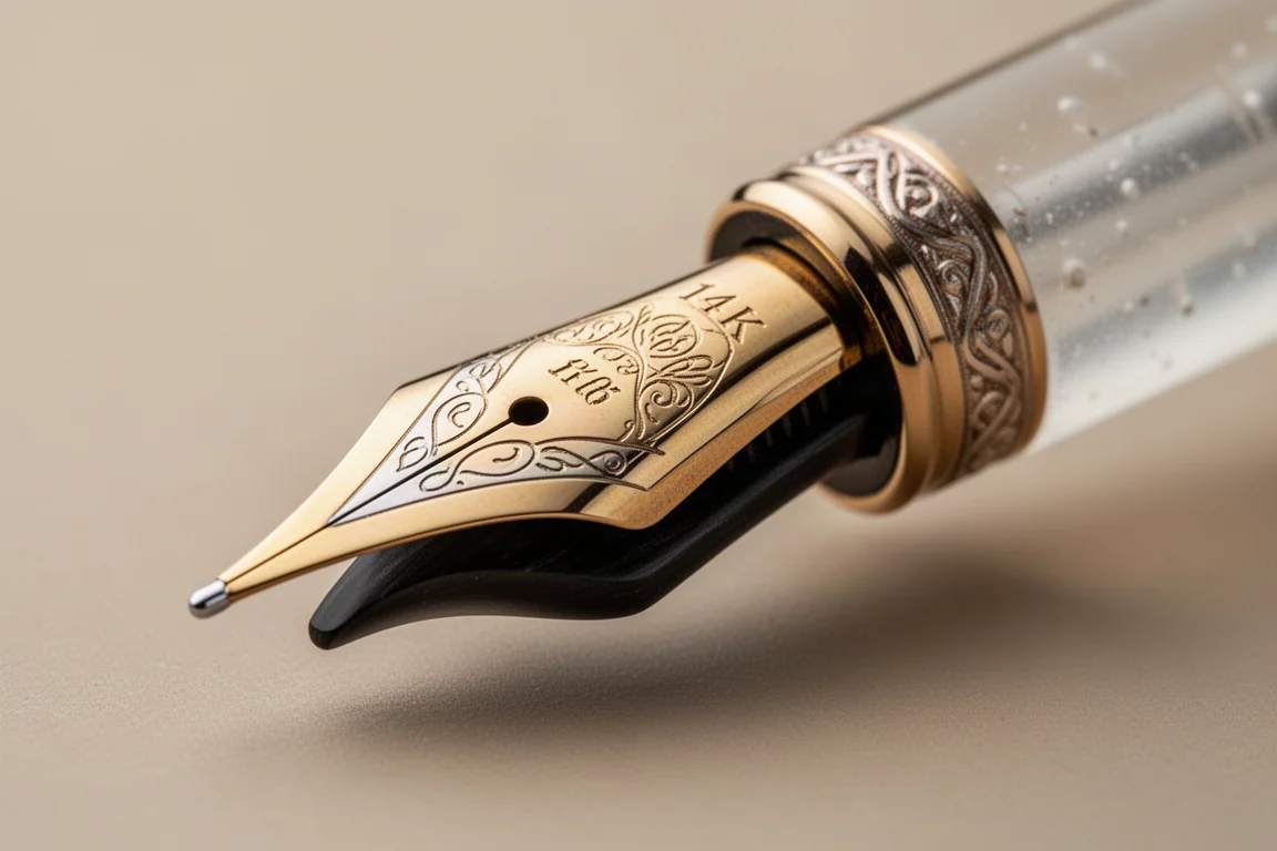 Close-up of a 14k gold fountain pen nib and swooping ebonite feed