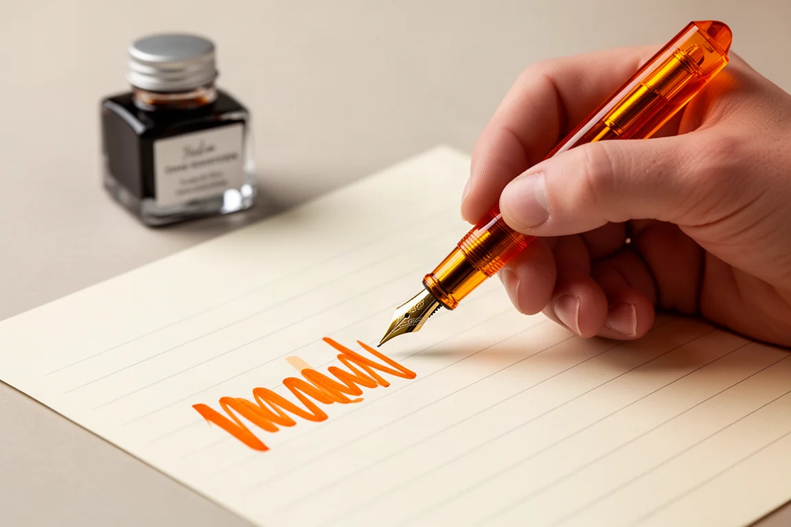 Fountain pen being used for a writing sample on cream paper