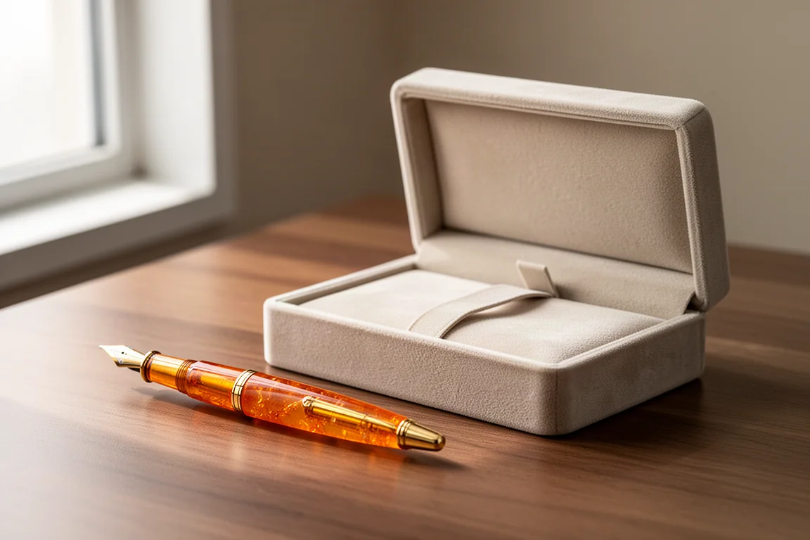 Fountain pen resting beside its plush presentation box
