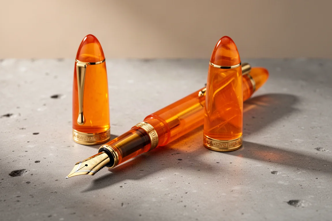 Półprzezroczysty pomarańczowy Omas Ogiva fountain pen ze złotym piórem na betonowej powierzchni