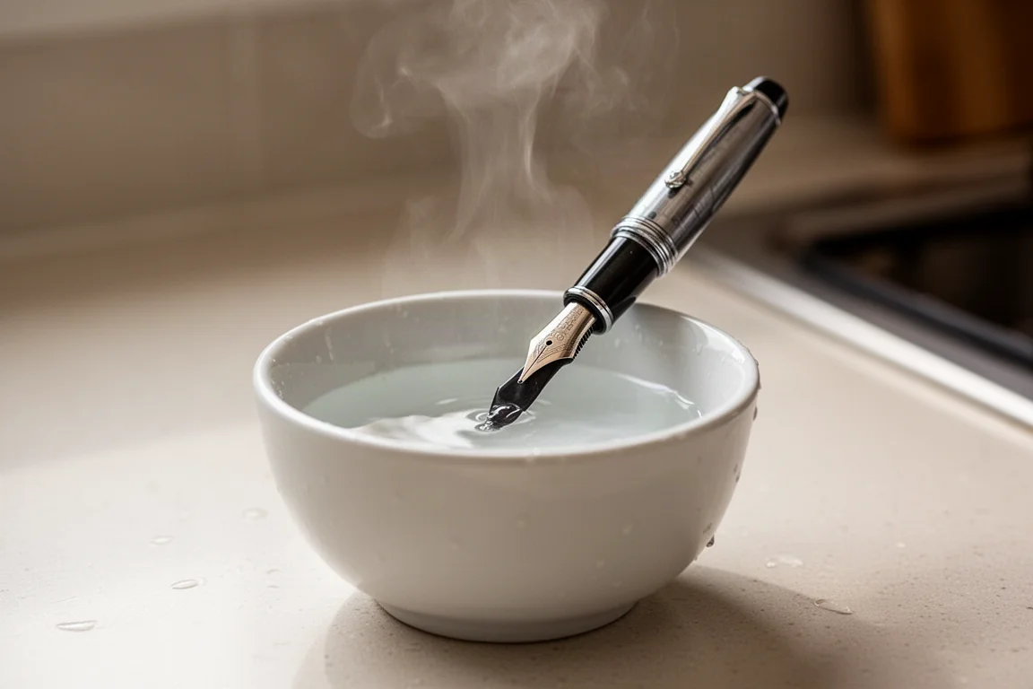 笔嘴与供墨舌被浸入一小碗冒着热气的热水中