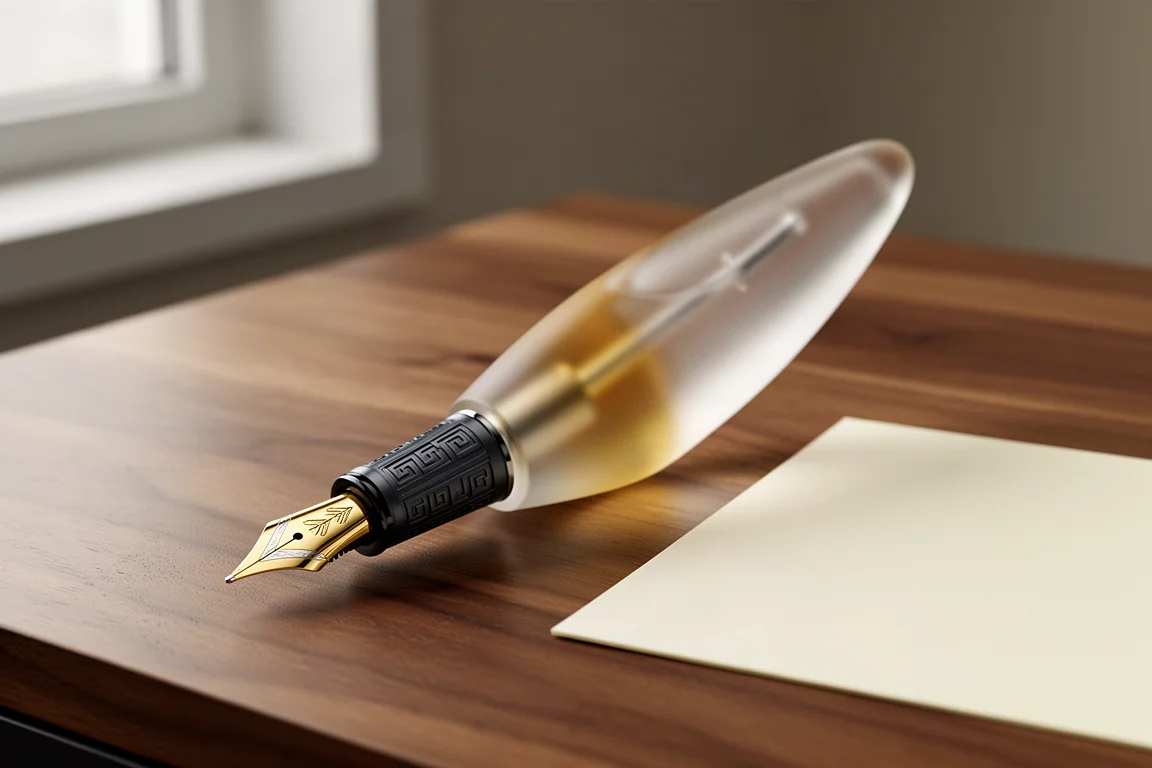 Frosted resin fountain pen with gold nib resting on a wooden desk