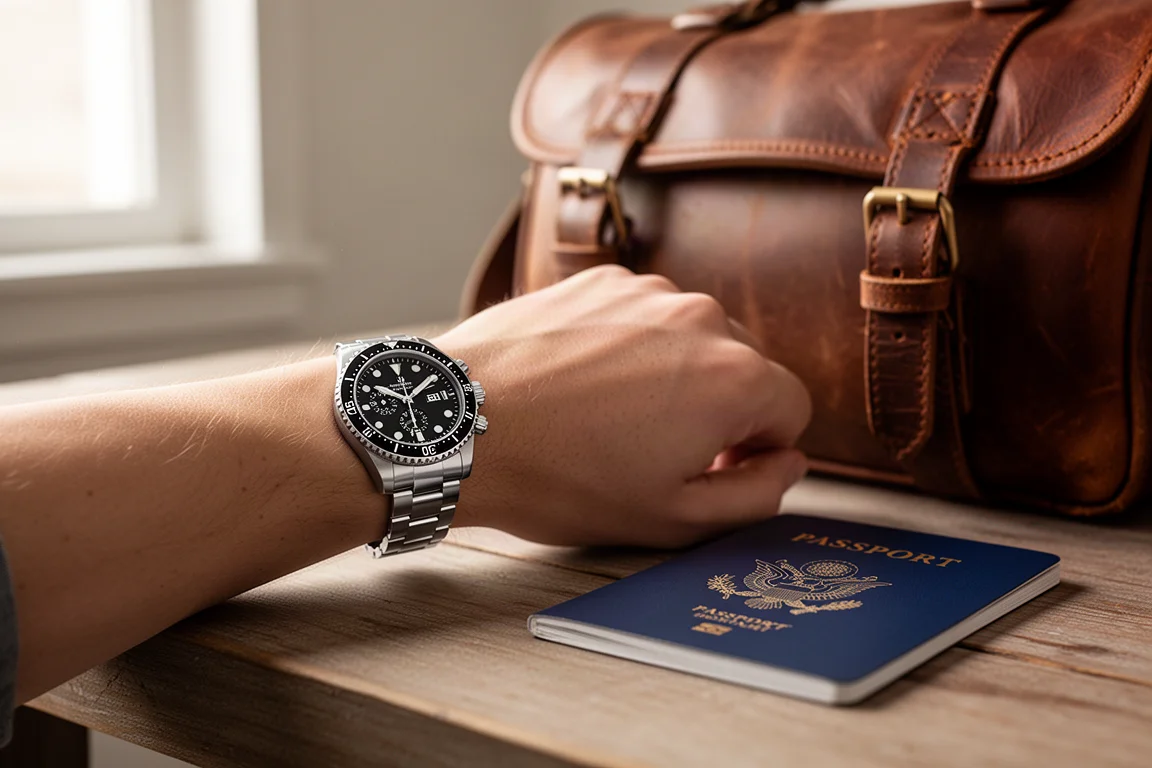 Orologio subacqueo in acciaio inox al polso accanto a una valigia da viaggio