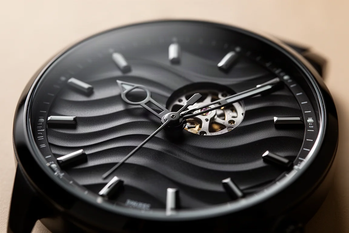 Primo piano del quadrante a texture ondulata dell'orologio che gioca con la luce