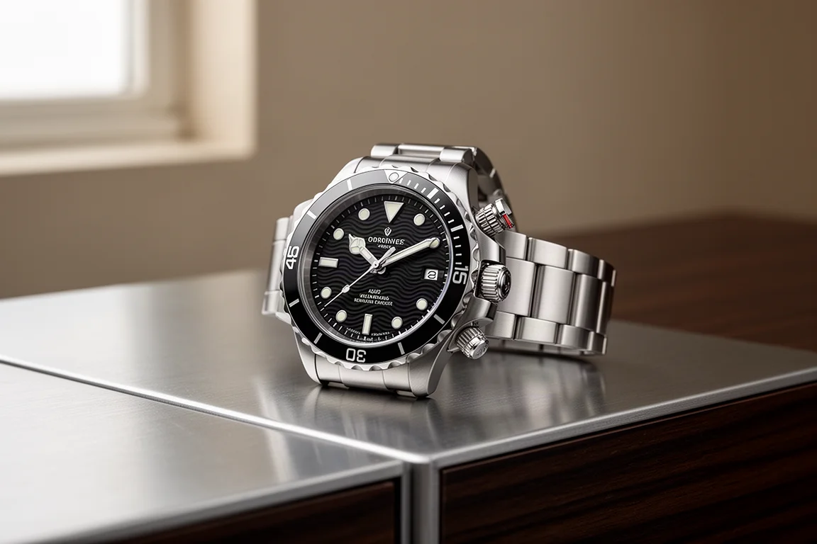 Stainless steel dive watch with black wave dial on a dark wood desk