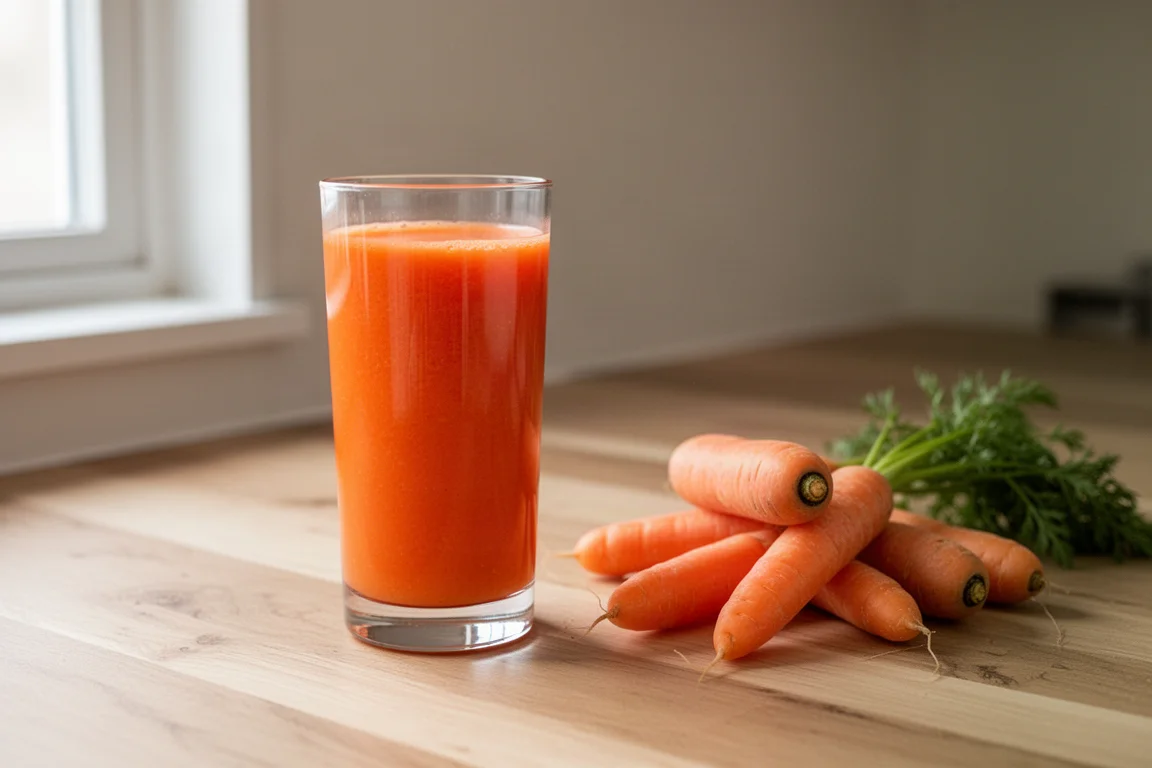Freshly juiced carrot juice in a glass on a kitchen counter