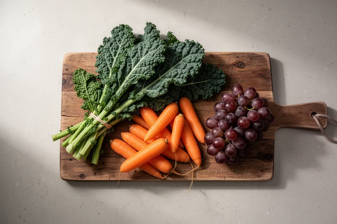 Kitchen cutting board with carrots, kale and grapes ready for juicing