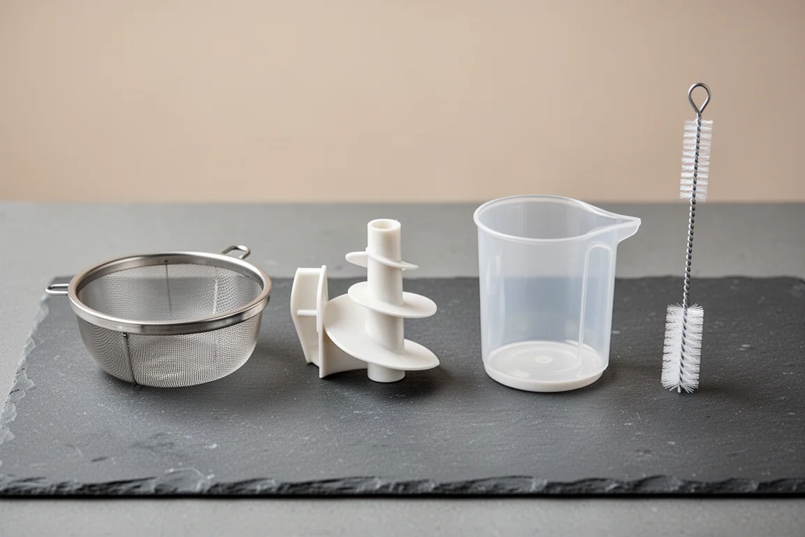 Juicer parts laid out for cleaning beside a dish brush