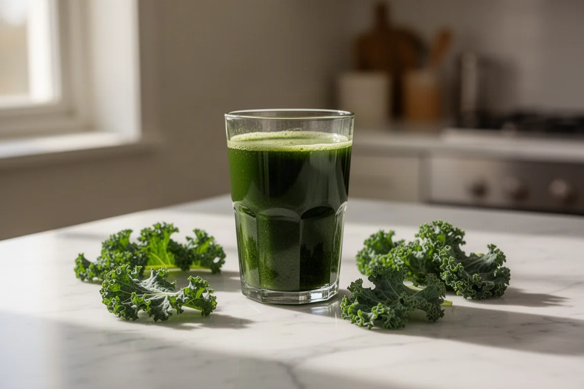 Glass of green kale juice on a counter next to leafy greens