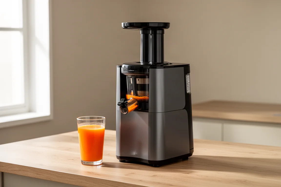 Omega vertical low-speed juicer on a kitchen counter beside a glass of carrot juice