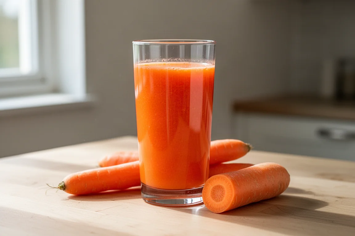 Bicchiere di succo di carota appena spremuto su un piano di lavoro con prodotti freschi nelle vicinanze