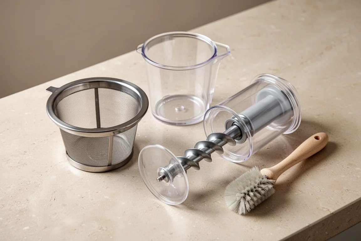 Componenti del juicer disposti per la pulizia su un piano della cucina