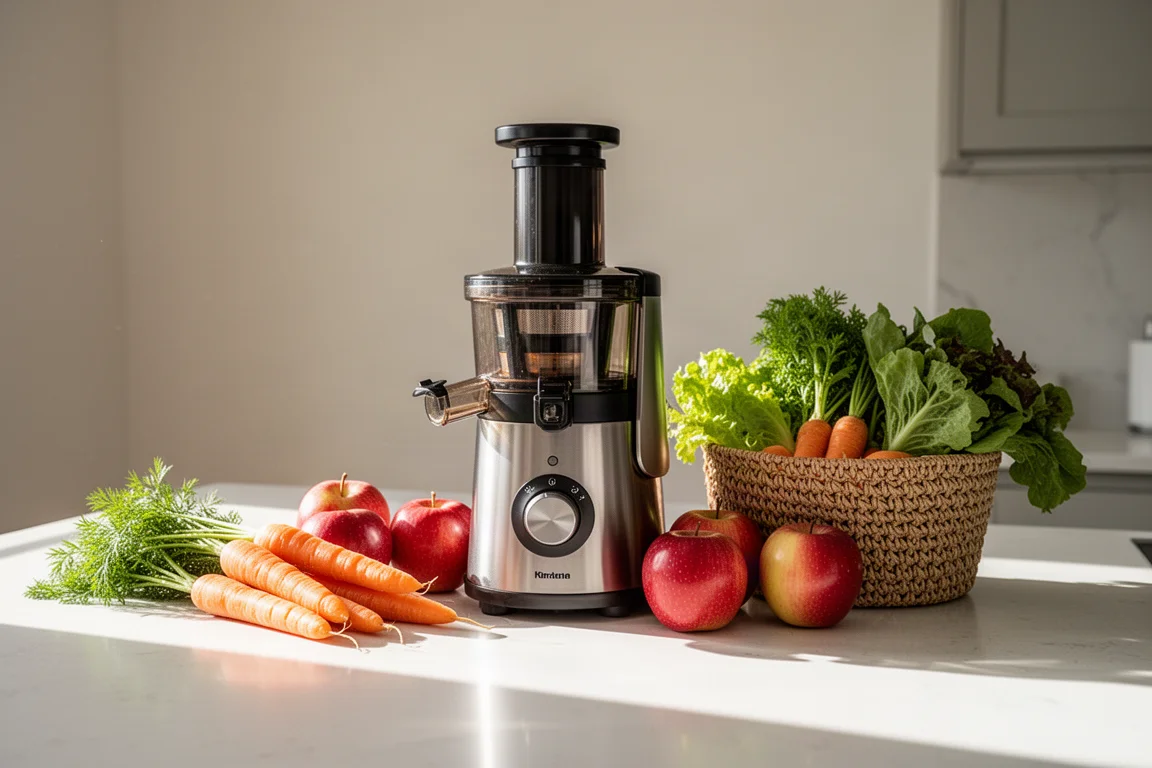 Piano della cucina domestica con un juicer circondato da prodotti freschi