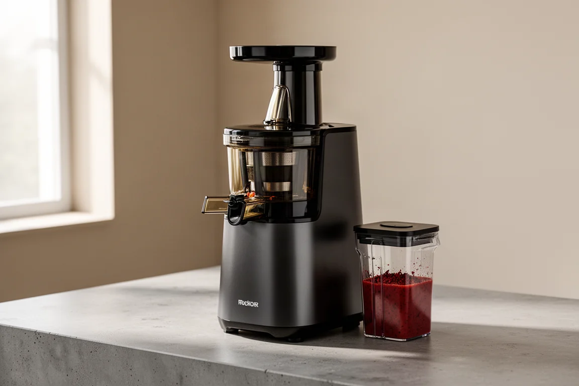Omega Vertical Square low speed juicer on a concrete counter with juice and pulp containers