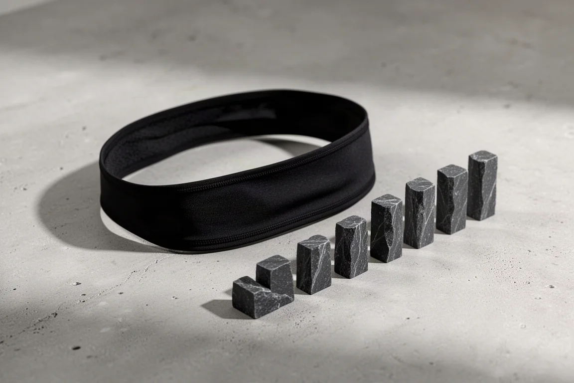 Omius cooling headband with graphite cooling pieces on a concrete surface
