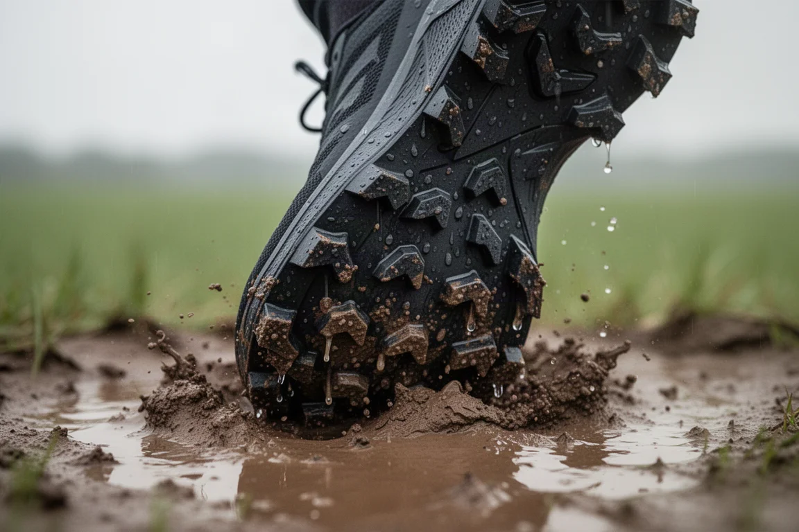 Primer plano de la suela tachonada de una zapatilla de trail agarrándose a terreno embarrado