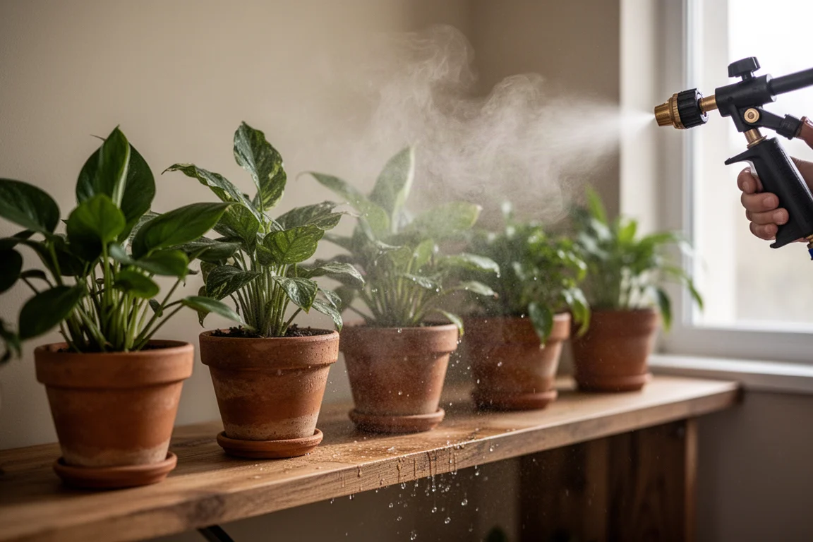 室內植物被輕輕噴上細霧