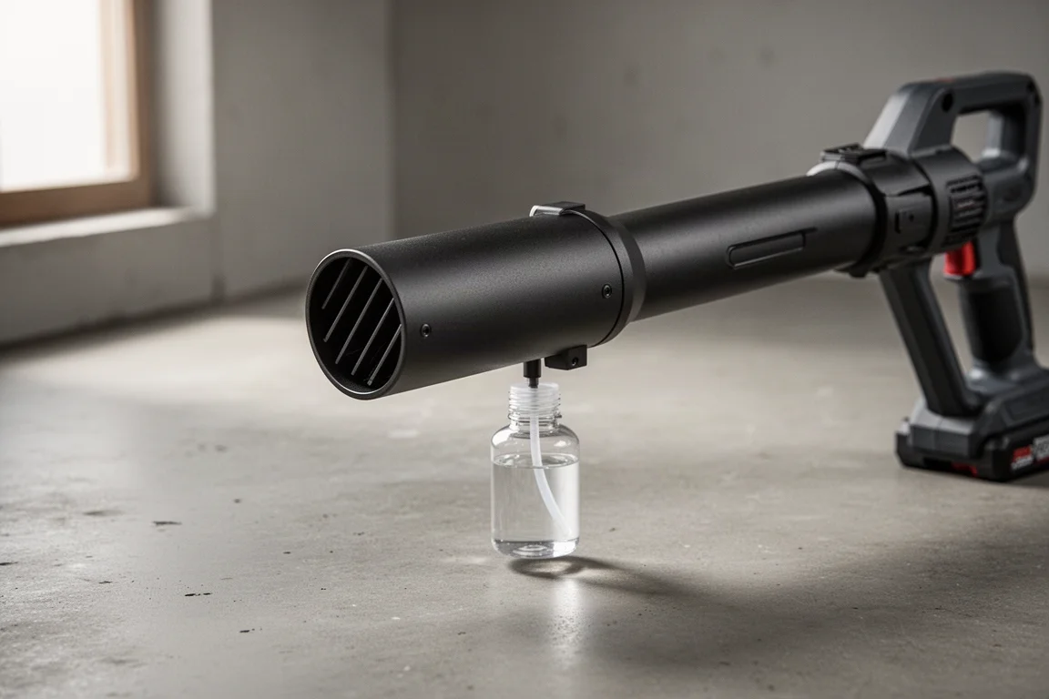 Matte black fogging attachment mounted on a cordless blower tube on concrete floor