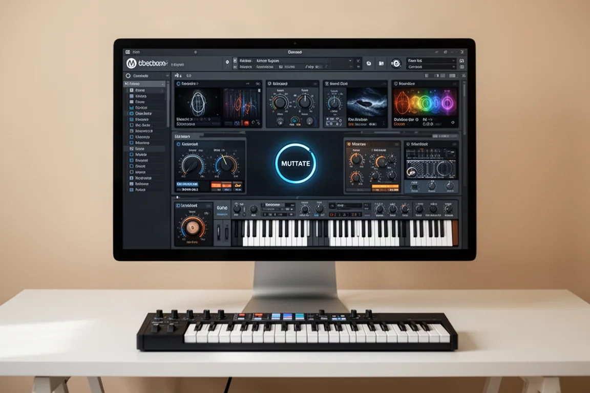 現代音樂製作工作室桌面,配備DAW顯示器、MIDI鍵盤和錄音室監聽喇叭