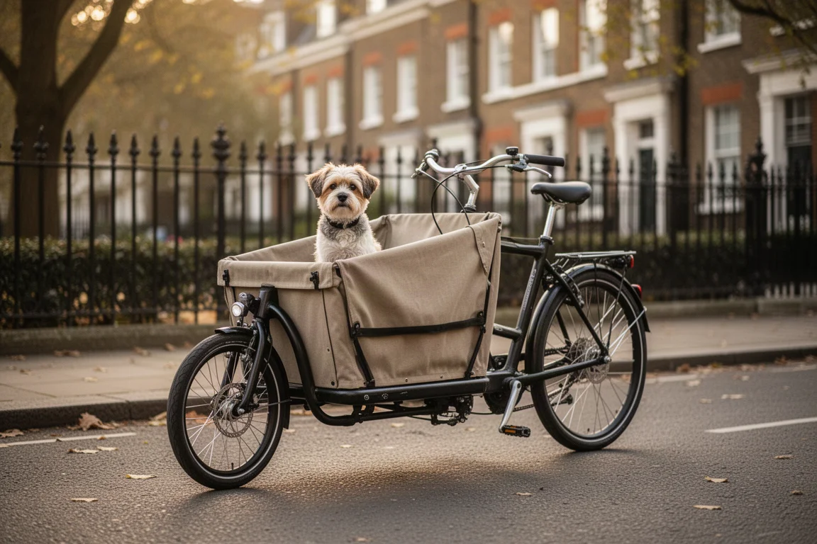Chien assis sur la plateforme cargo avant d'un vélo cargo dans une rue urbaine arborée