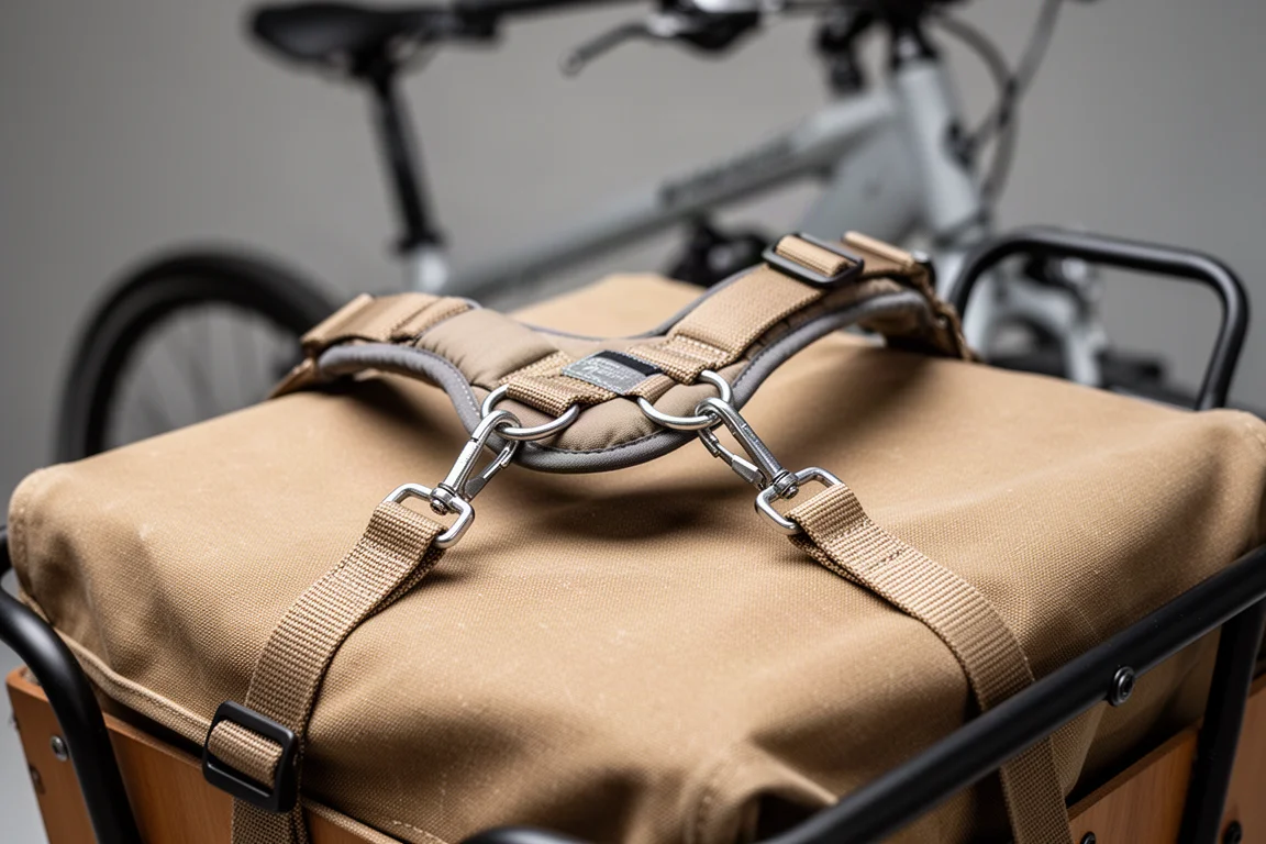 Harnais pour chien attaché à la plateforme avant couverte de toile d'un vélo cargo