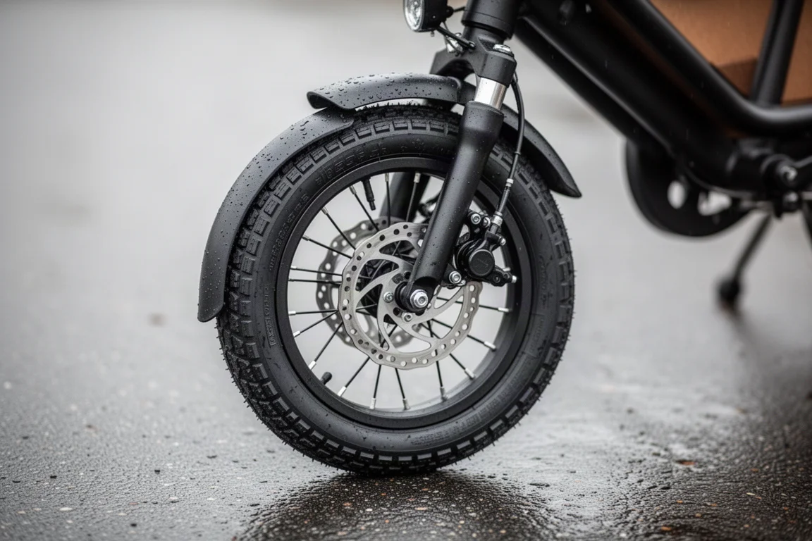 Petite roue avant avec pneu large, garde-boue et frein à disque sur asphalte mouillé