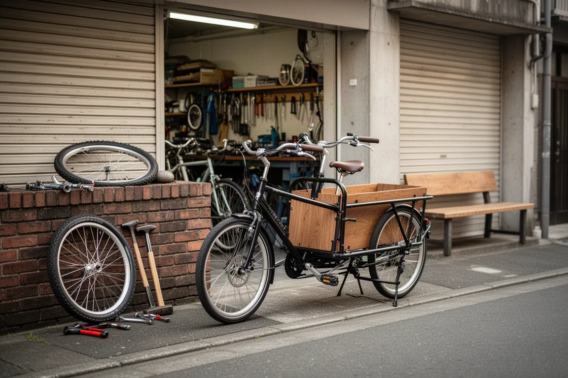 Vélo cargo garé devant un petit atelier de vélos dans une rue calme