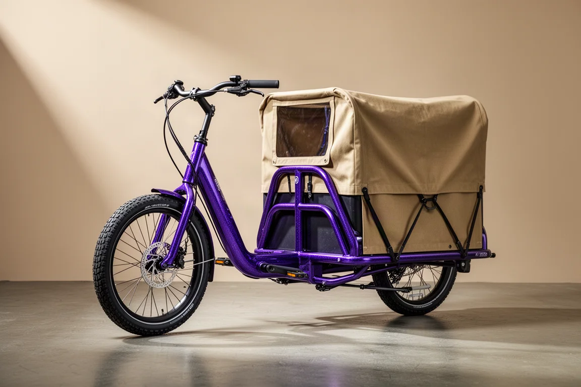 Omnium Mini-Max WiFi cargo bike with extended front load platform on concrete