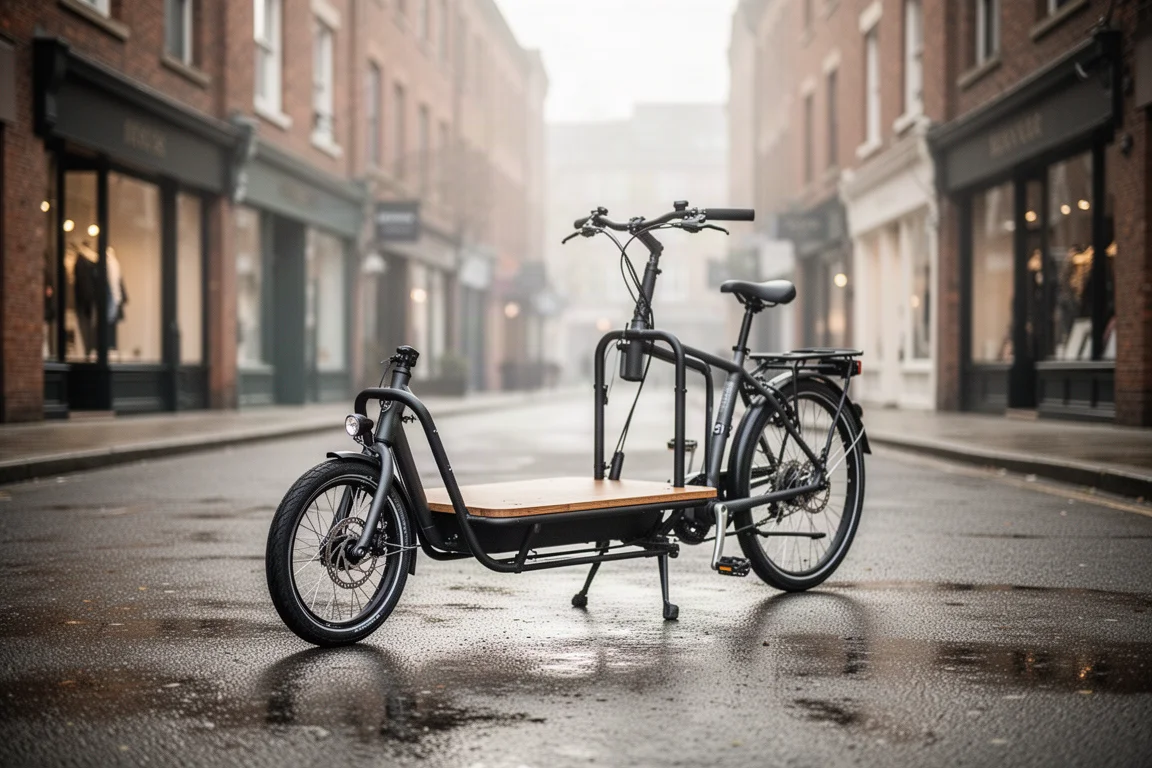 Cargo bike parked on a city street with a load platform on the front