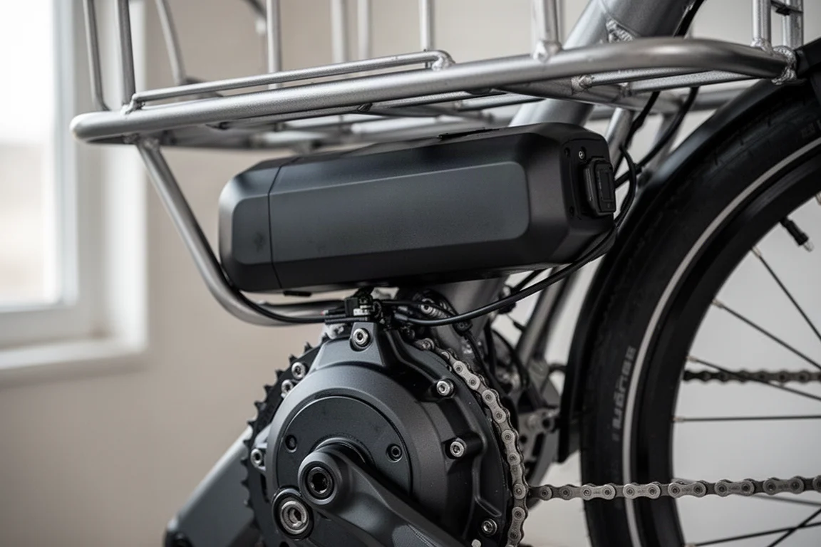 Close-up of a bicycle motor and battery housing under a cargo platform