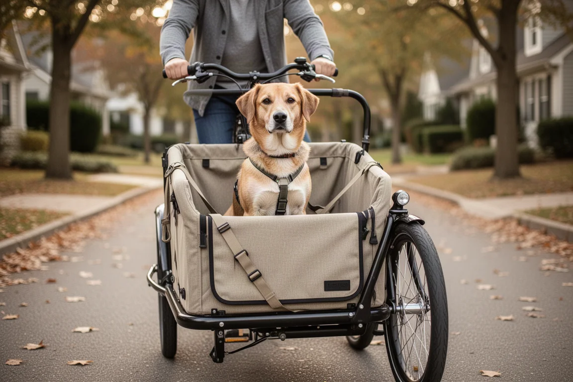 Dog sitting in a cargo bike front platform on a residential street