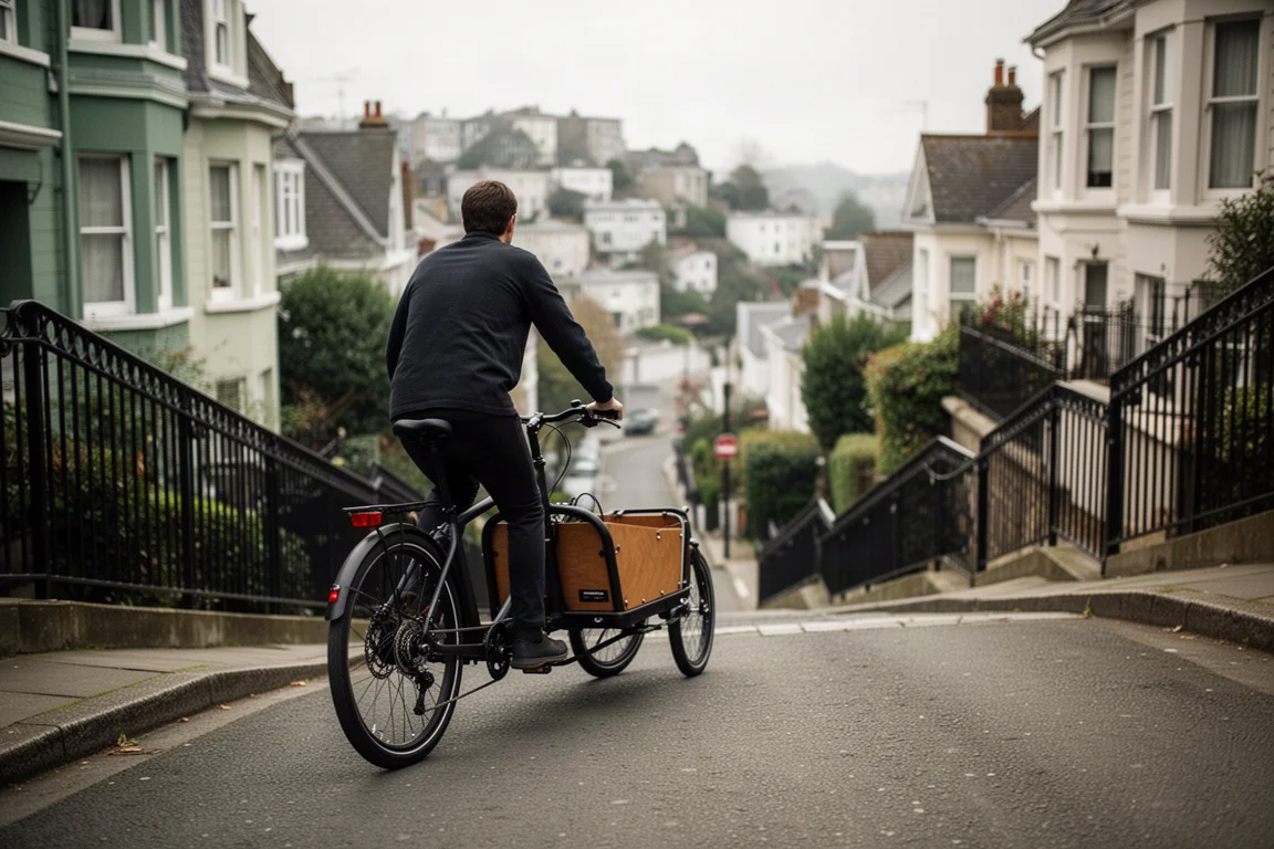 Cargo bicycle climbing a steep city street in soft daylight