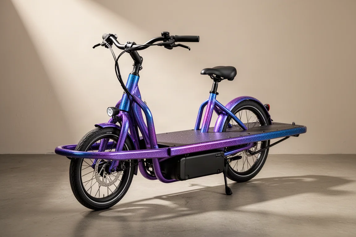 Bicicletta cargo compatta blu-viola con piattaforma di carico anteriore e vano batteria su cemento