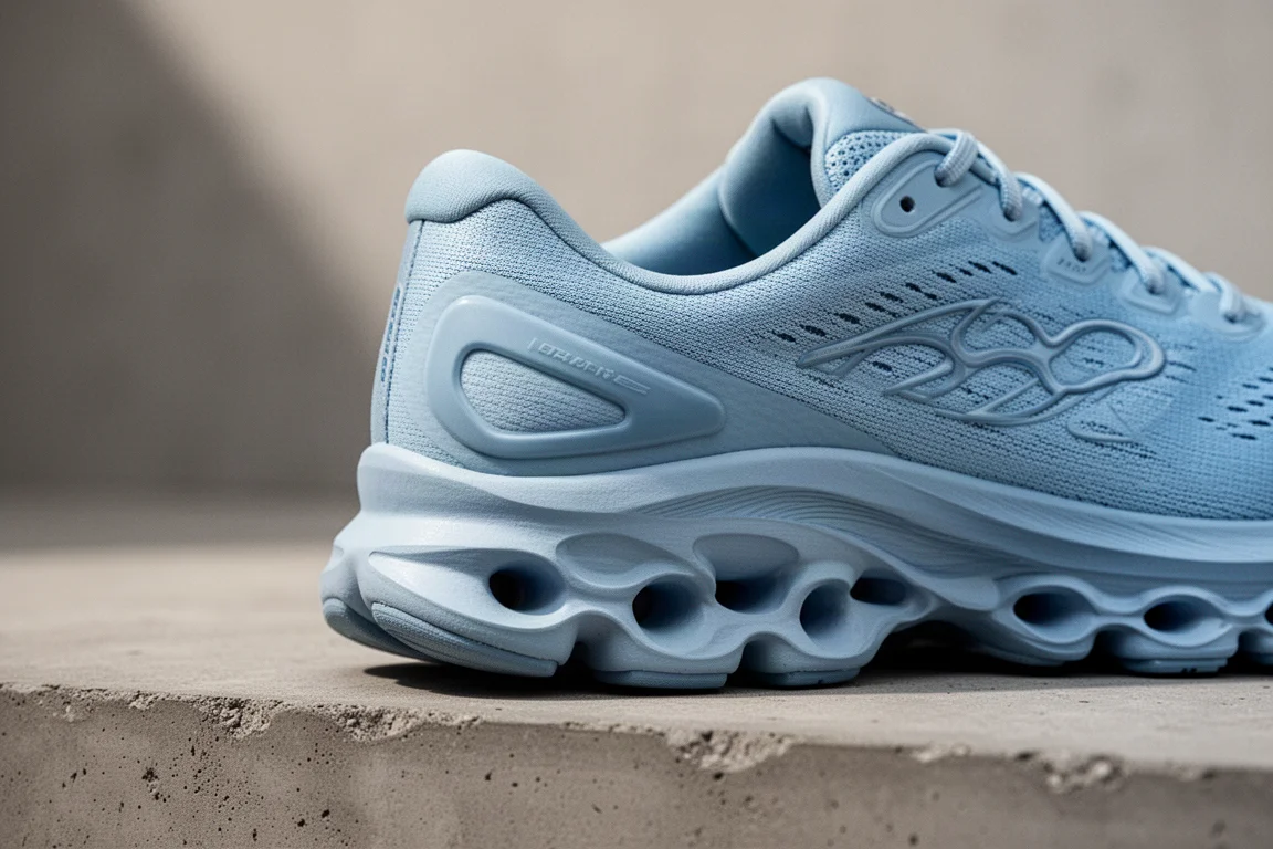 Close-up of the sculpted heel midsole of a blue stability running shoe on a concrete floor