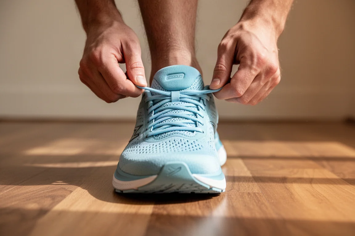 Runner tying the laces of a running shoe on a wooden floor before a run