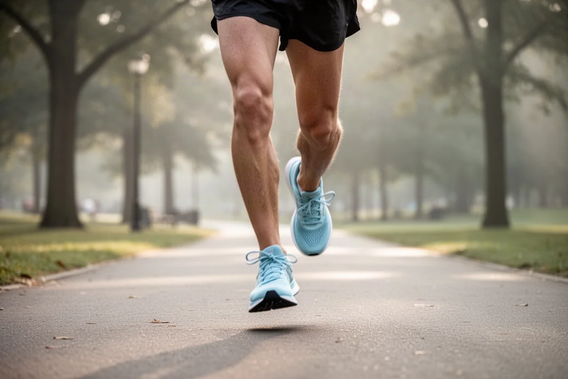 Runner's foot mid-stride on a quiet paved path in soft daylight