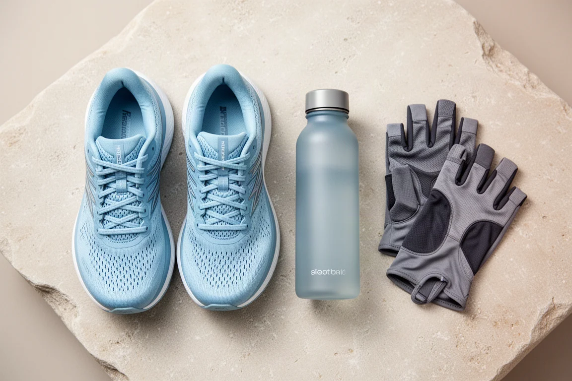 Flat-lay of a stability running shoe with a water bottle and gloves on a stone surface