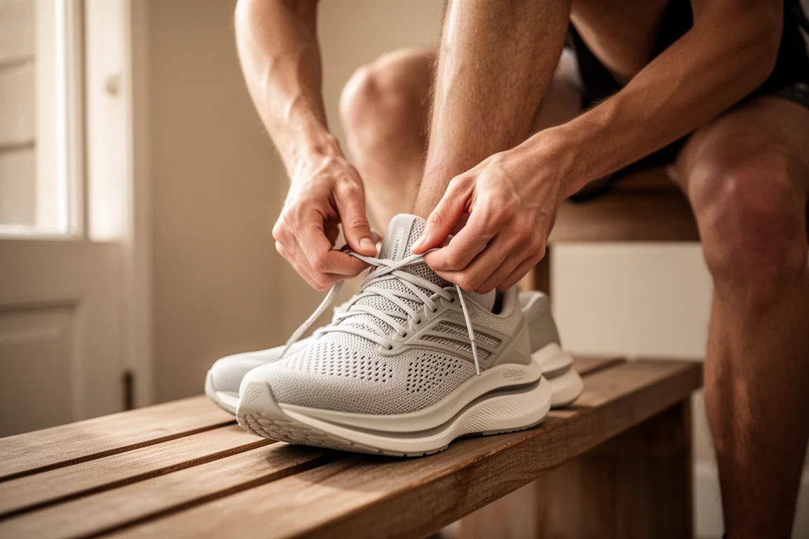 Runner lacing up a modern running shoe on a wooden floor before a run