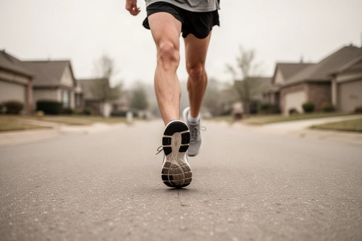 Runner on an open paved road at an easy steady pace in soft light