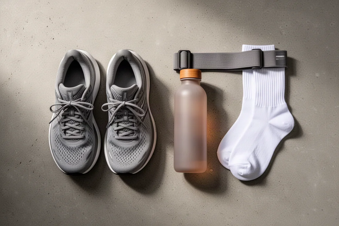 Flat-lay of running gear including shoes, water bottle, and race bib on concrete
