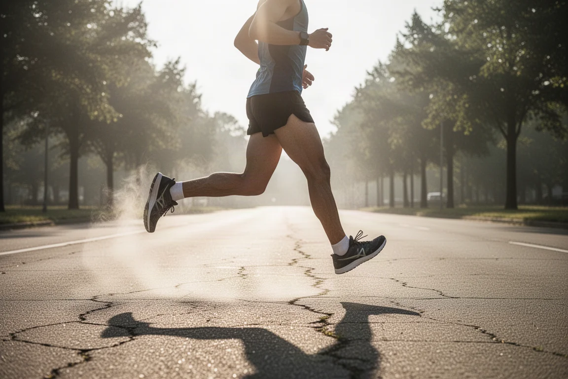 Hardlooper stapt over heet, zonbeschenen asfalt tijdens een zomerse duurloop