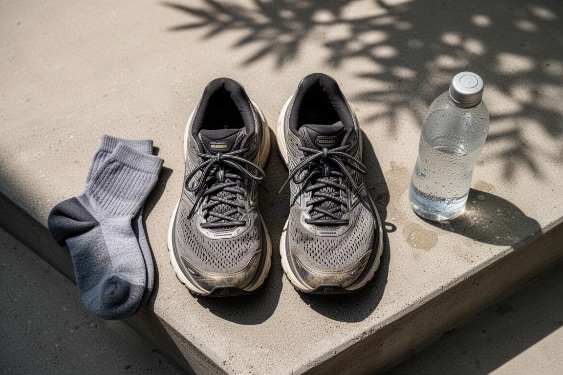Hardlooper rust na een lange duurloop, zonder schoenen, op een beschaduwd pad