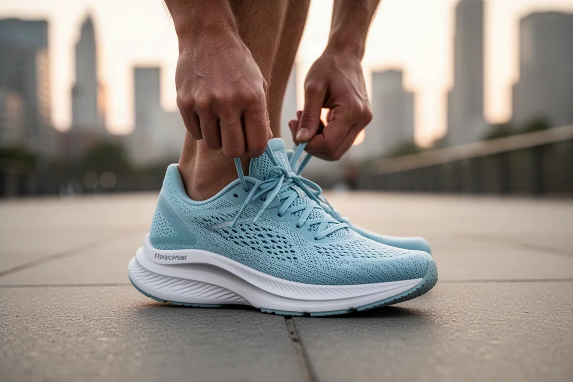 Runner tightening the laces of a light blue racing shoe on a city pavement